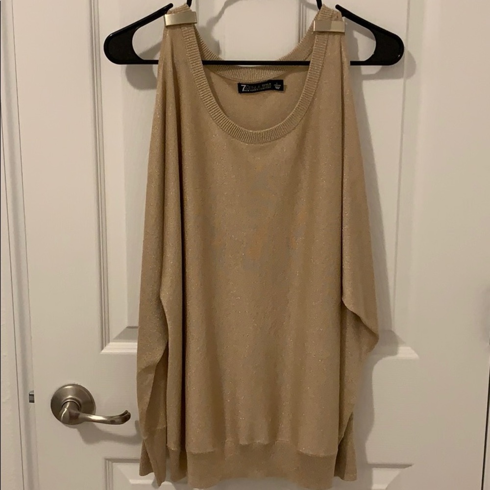 NY&co gold shimmer sweater w cold shoulder detail